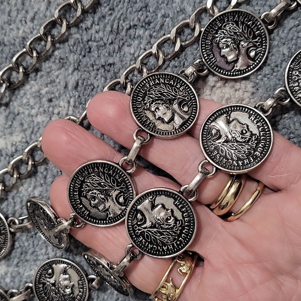 Chico's Messina Silver Metal Coin Medallion Chain Link Belt